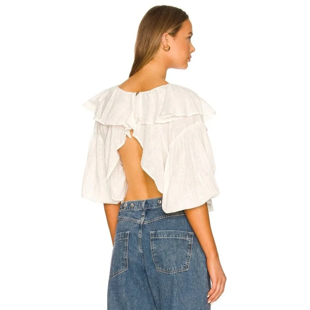 Free People – Zuri Orange Gauze Open Back Ruffle Puff Sleeve Crop‎ Blouse Size S